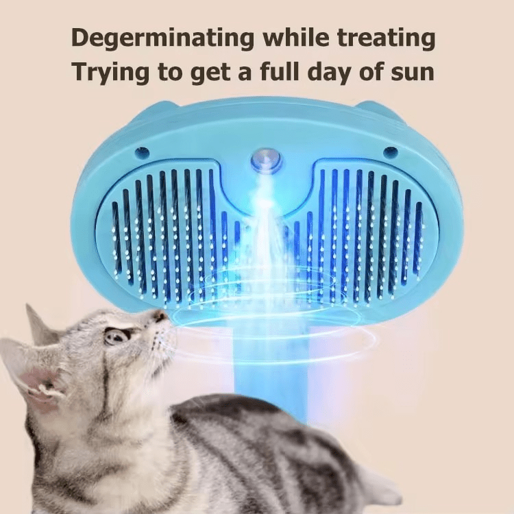 Grey pet grooming brush with collected hair lifting away from the bristles.