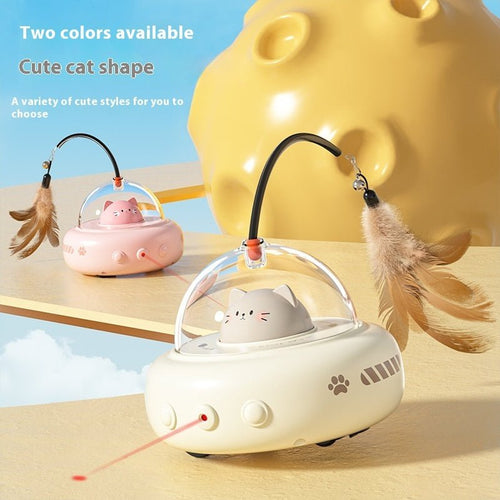 Electric UFO cat teaser toy with feathers and bell — product view 2