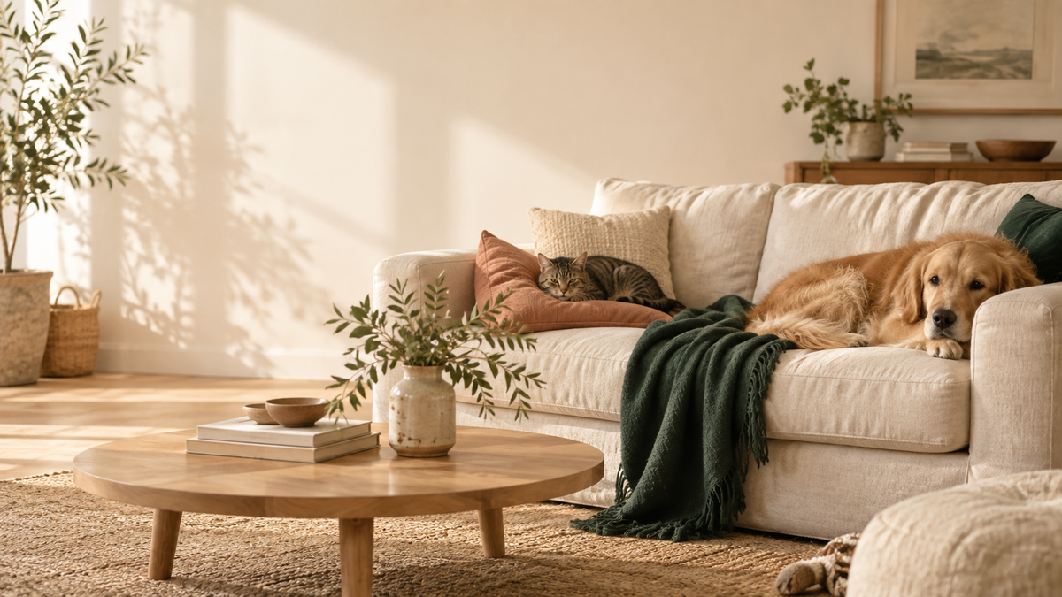 Illustrated brand scene: a dog and cat resting on a cream sofa