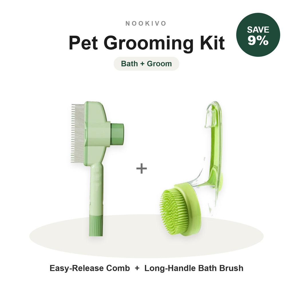 Pet Grooming Kit - Easy-Release Comb + Long-Handle Bath Brush